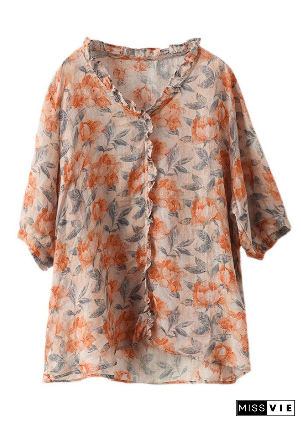 Plus Size V Neck Print Ruffled Linen Tops Half Sleeve