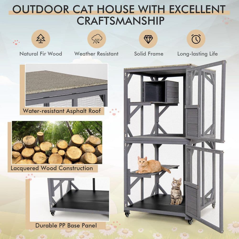 ANGELES HOME Outdoor Cat House Enclosures On Wheels Kitten Cages with Resting Box 8CK-10003PVGR