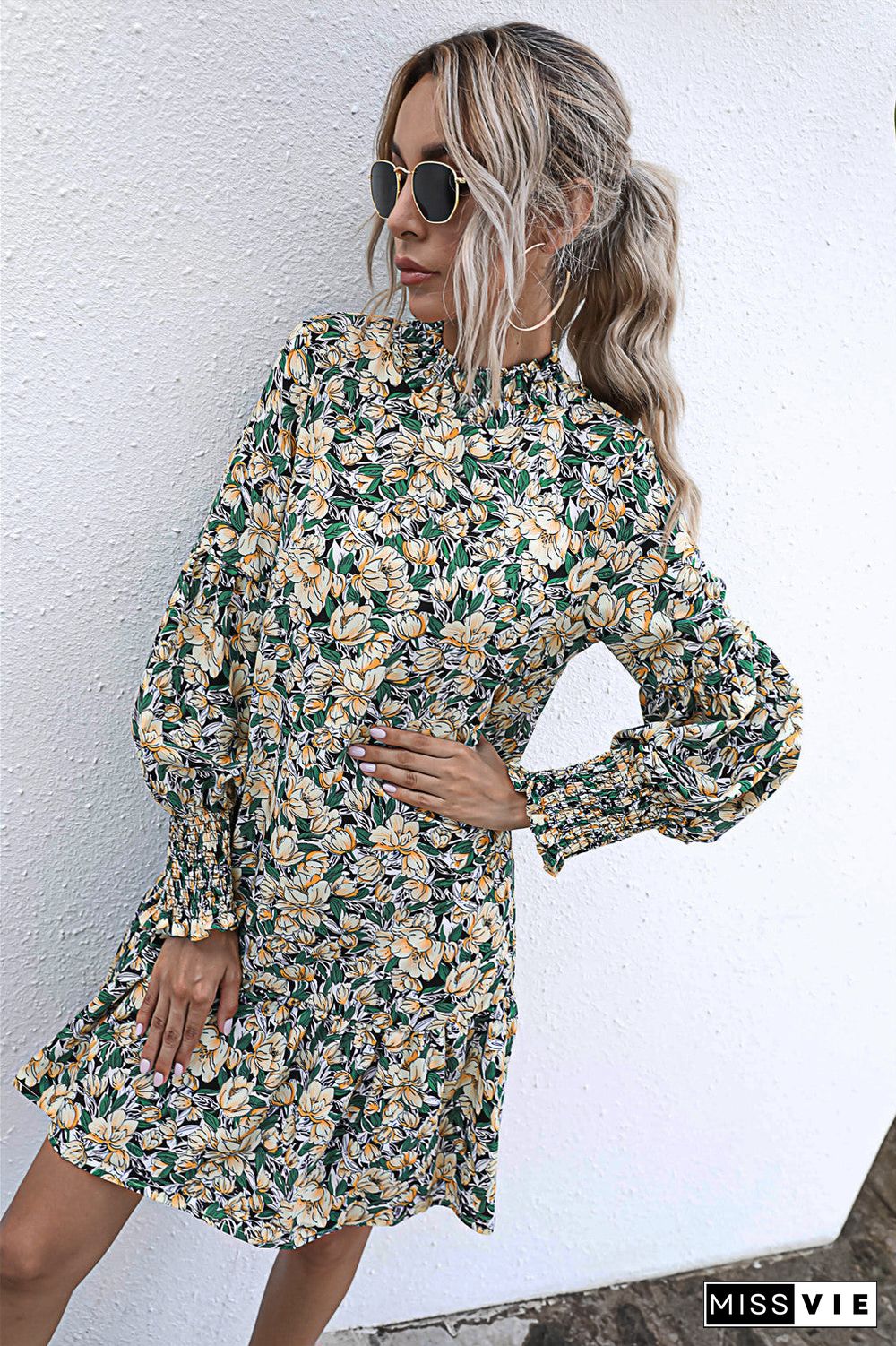 Printed Lantern Sleeve Dress