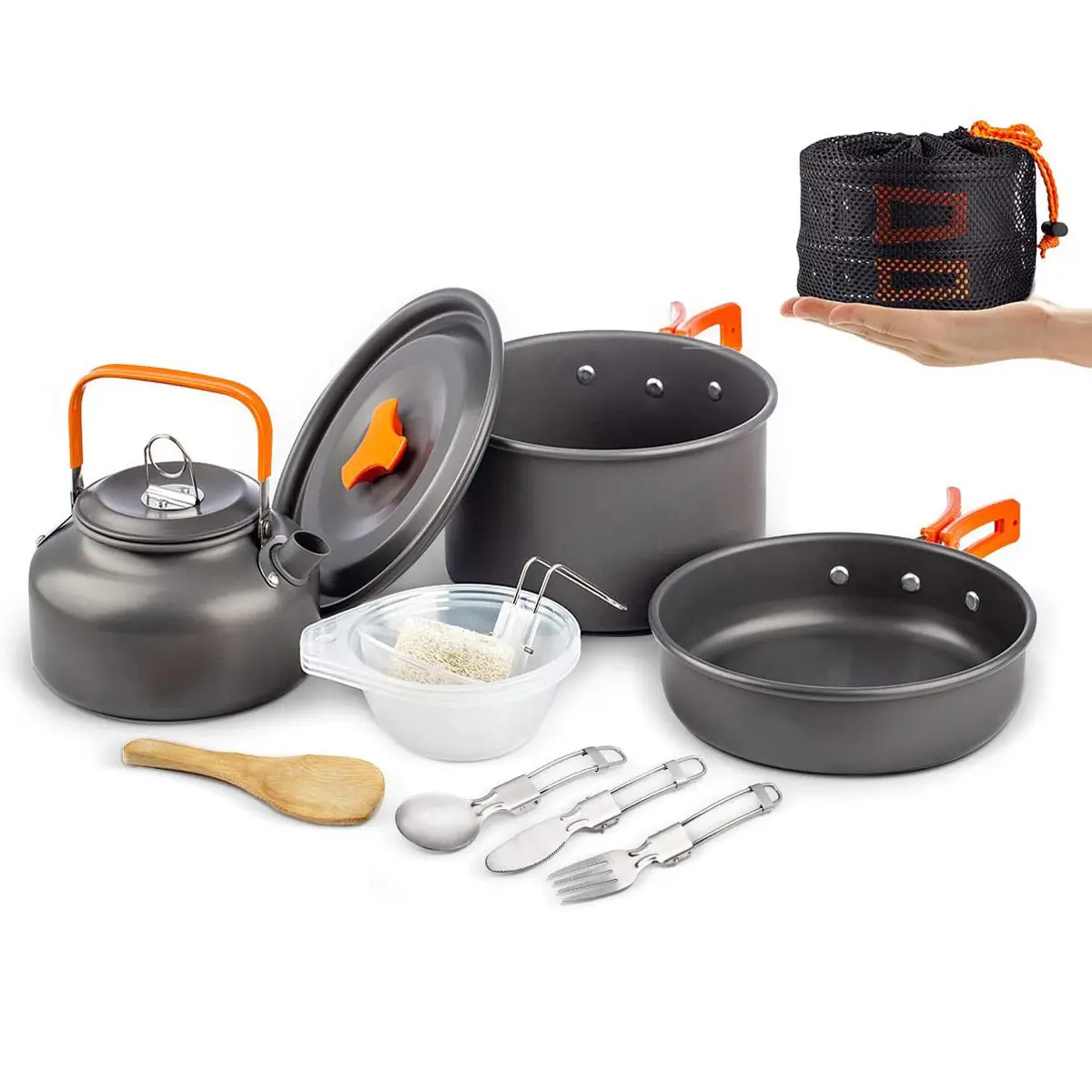 Outdoor Travelling Hiking Picnic BBQ Tableware Equipment Aluminum Cooking Set Water Kettle Pan Pot Camping Cookware Kit