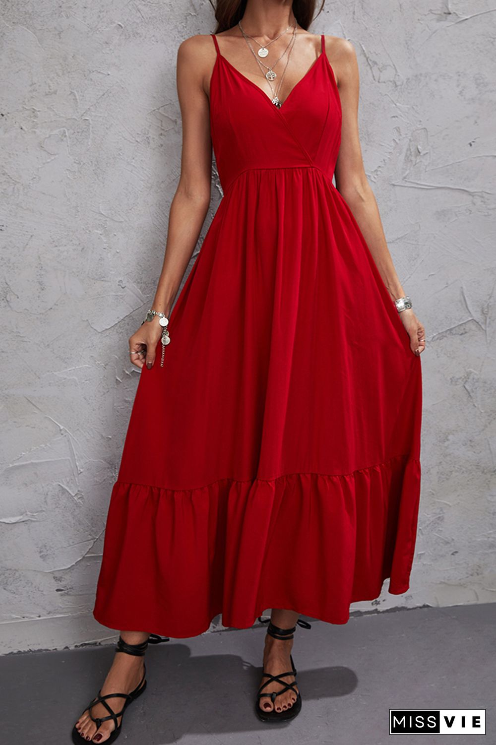 Plain Spaghetti Splicing Smocked Maxi Dress