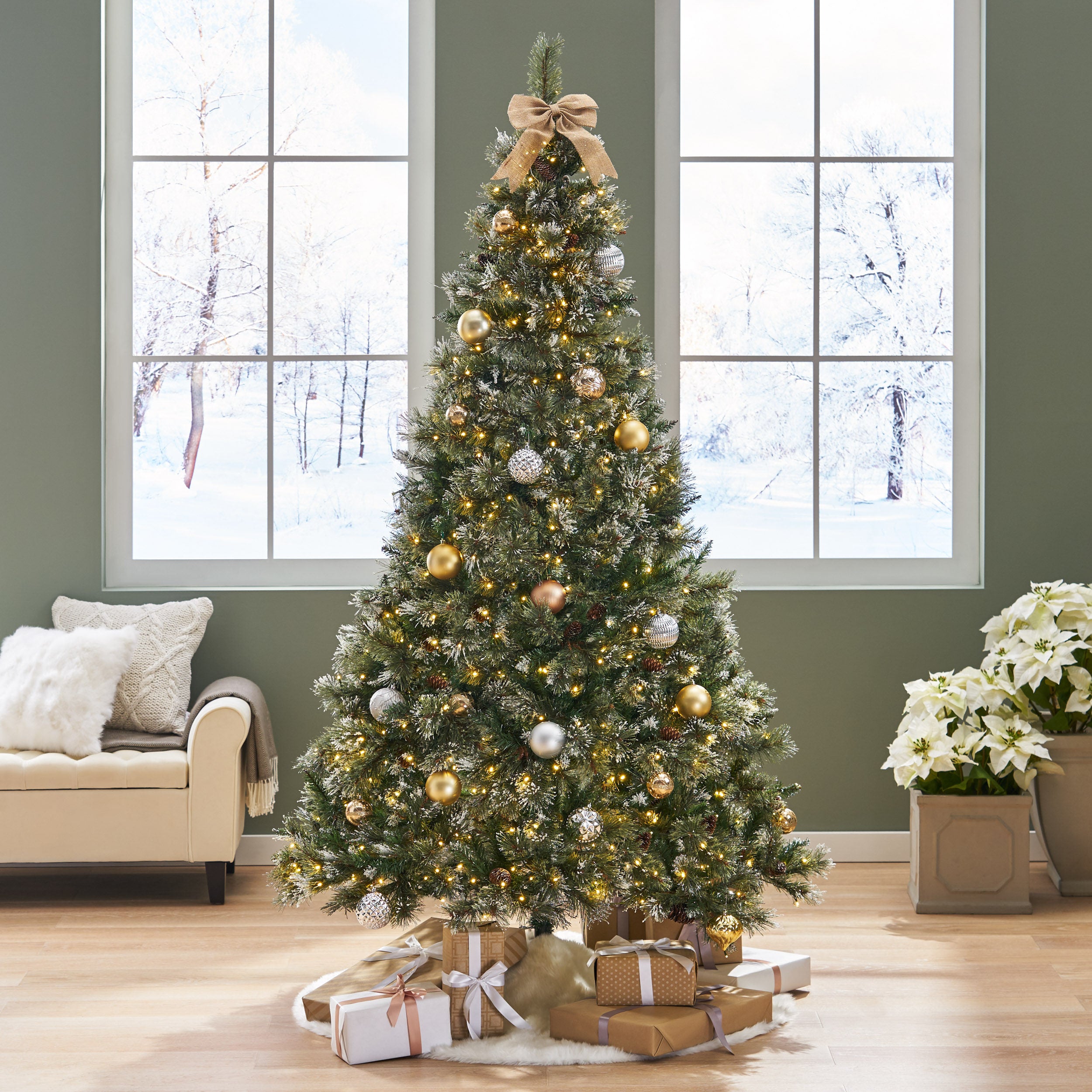 7-foot Cashmere Pine and Mixed Needles Pre-Lit Clear LED Hinged Artificial Christmas Tree with Snow and Glitter Branches and Frosted Pinecones