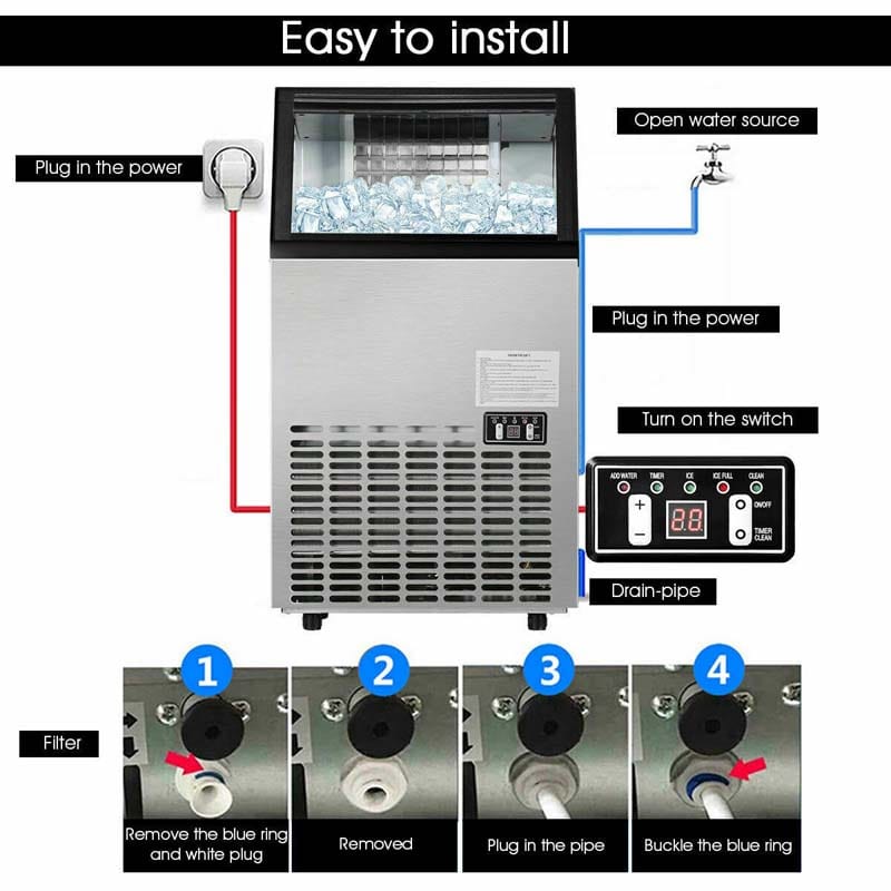 110LBS/24H Commercial Ice Maker with 33LBS Storage Capacity, Free-Standing Ice Machine