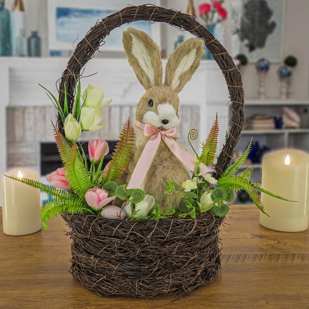 National Tree Company Woven Basket With Bunny Table Decoration Woven Branch Base Decorated With Fern Fronds Tulips Easter Collection 17 Inches