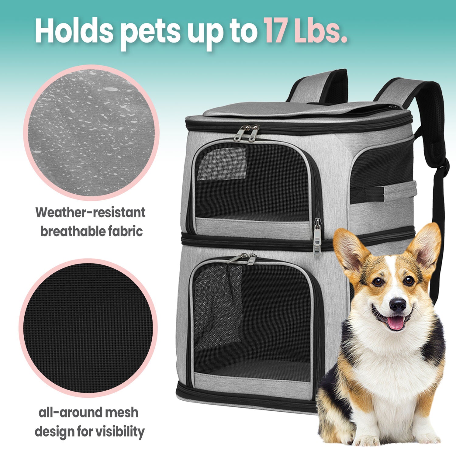 Critter Sitters Double Decker Grey Pet Backpack for Small Dogs， Cats with Scratch Resistant Breathable Mesh Windows | Airline Carry-On Approved | Safety Leash | Storage Pockets | Animal Transportation