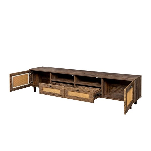 Farmhouse Rattan TV Stand Wood Media Entertainment Center Console Table with 2 Doors and 2 Open Shelves