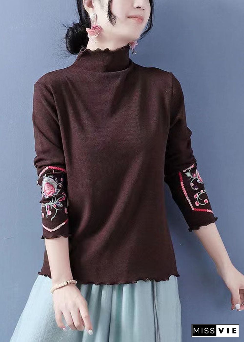 Slim Fit Khaki Ruffled Embroideried Cotton Blouses Spring