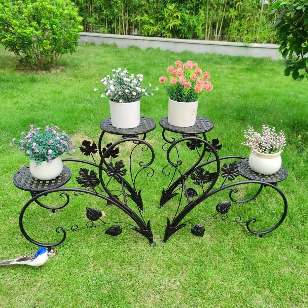 Plant Stand Heart Shaped Set of 2 Metal Flower Racks Potted Black