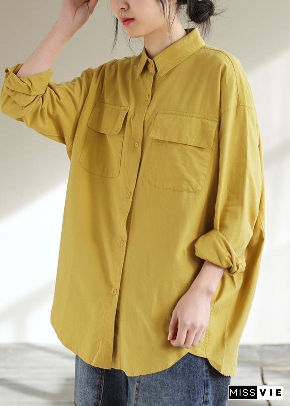 Classy Lapel Pockets Spring Top Silhouette Wardrobes Yellow Shirts