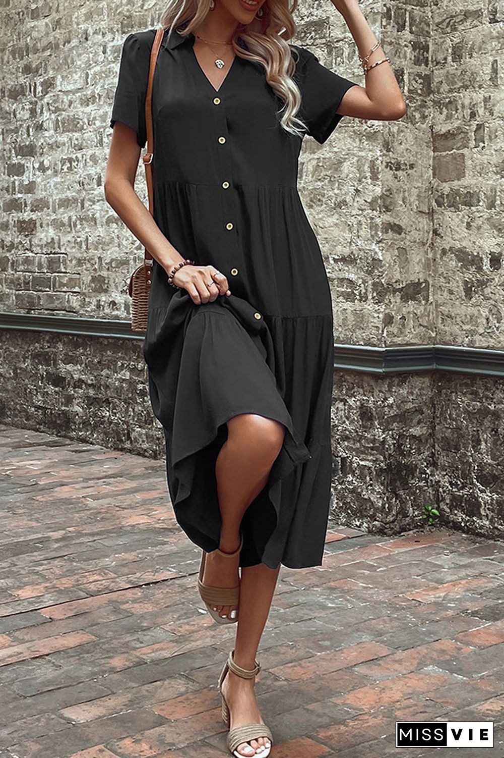 Black V Neck Open Button Tiered Midi Dress