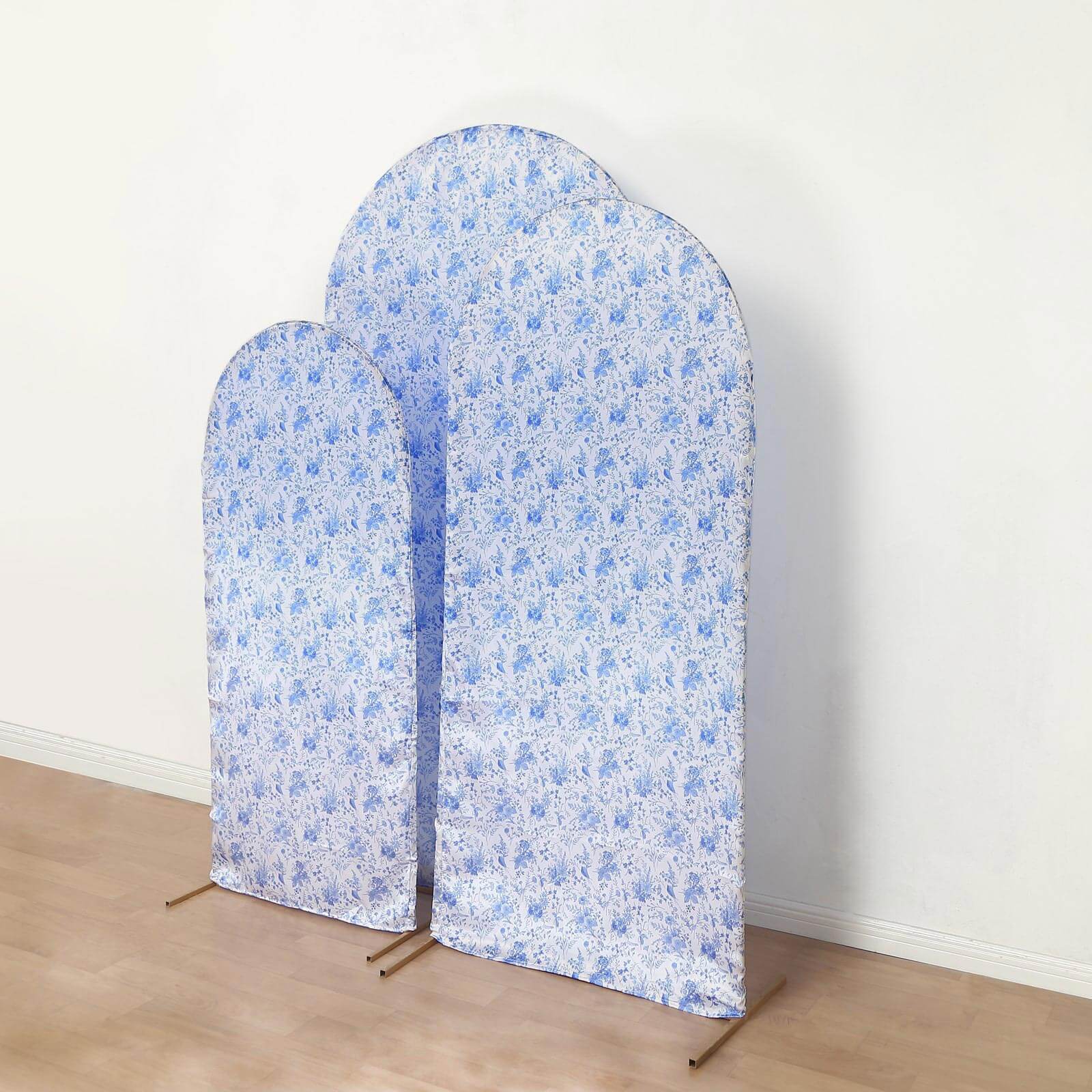 Set of 3 White Blue Satin Chiara Backdrop Stand Covers in French Toile Floral Pattern, Fitted Covers For Round Top Wedding Arches - 5ft,6ft,7ft