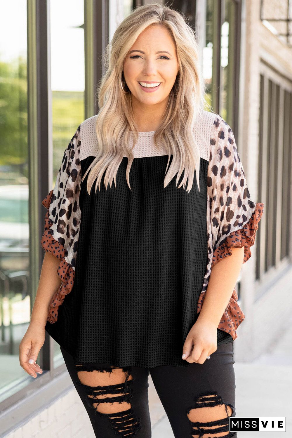 Black Waffle Knit Animal Print Ruffle Sleeves Plus Size Top