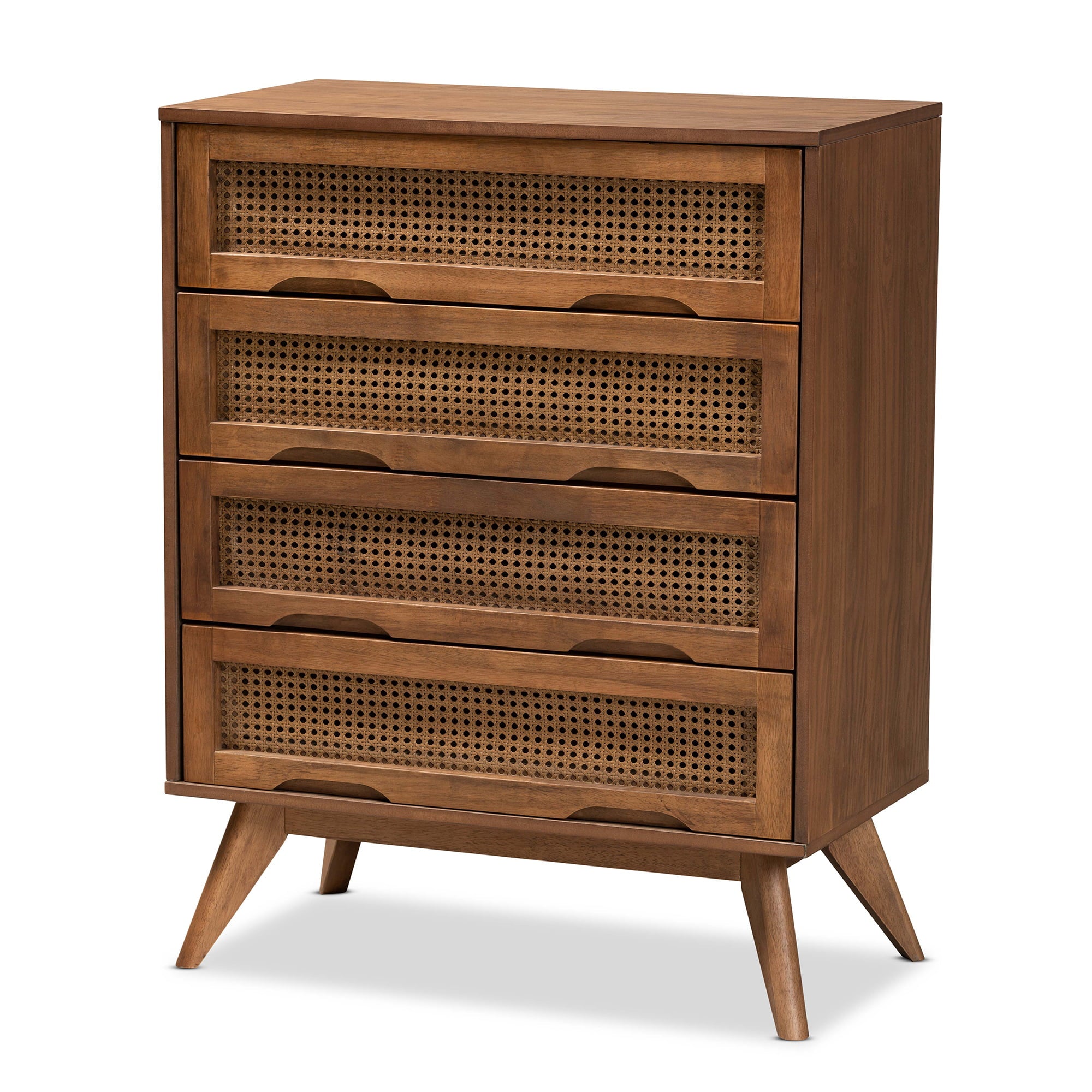 Baxton Studio Barrett Mid-Century Modern Walnut Brown Finished Wood and Synthetic Rattan 4-Drawer Chest