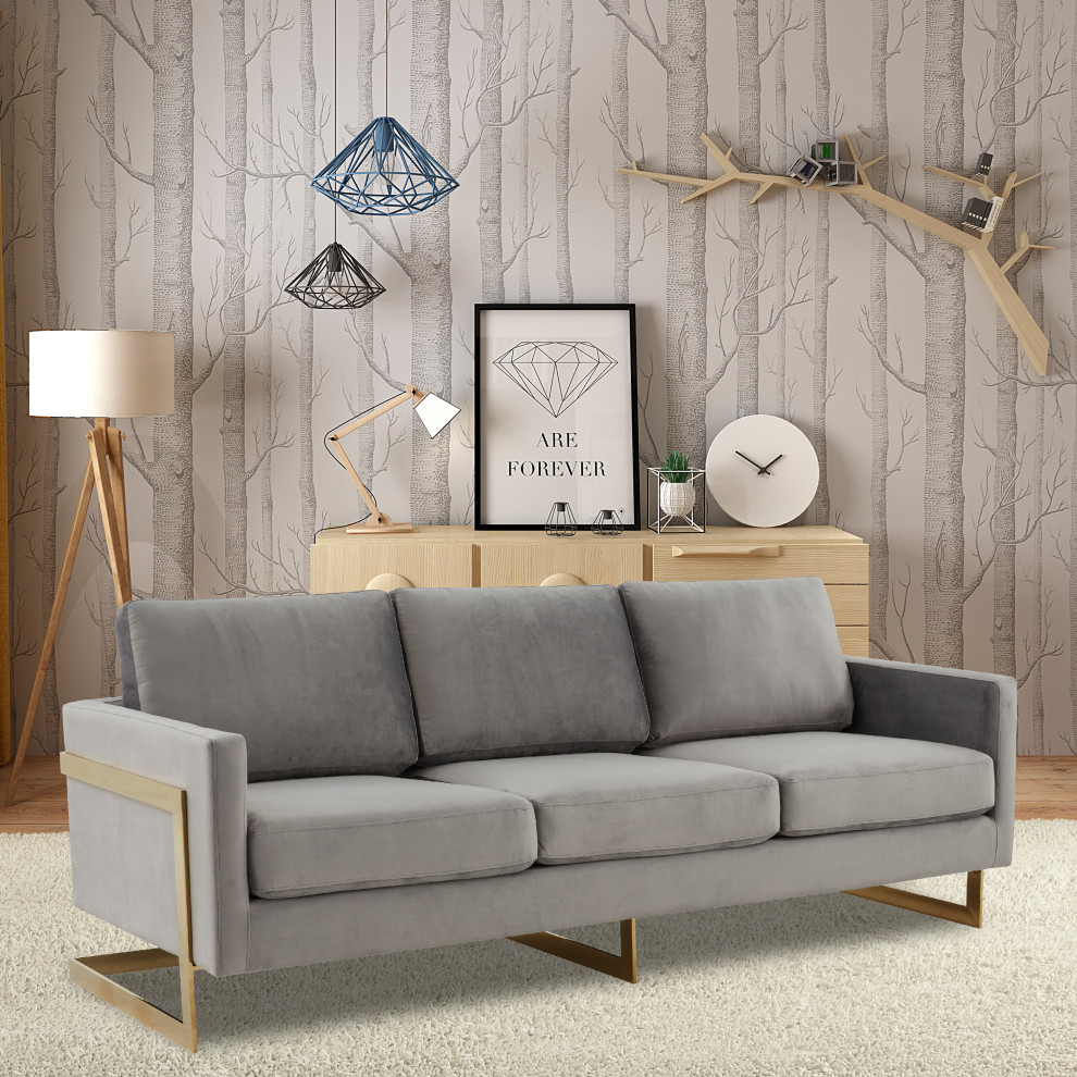 Modern Mid Century Upholstered Velvet Sofa  Gold Frame  Light Grey  LA83LGR   Contemporary   Sofas   by Timeout PRO  Houzz