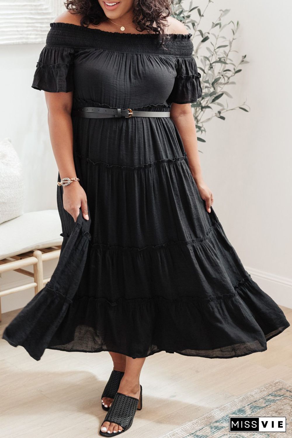 Black Plus Size Smocked Off Shoulder Frill Tiered Maxi Dress