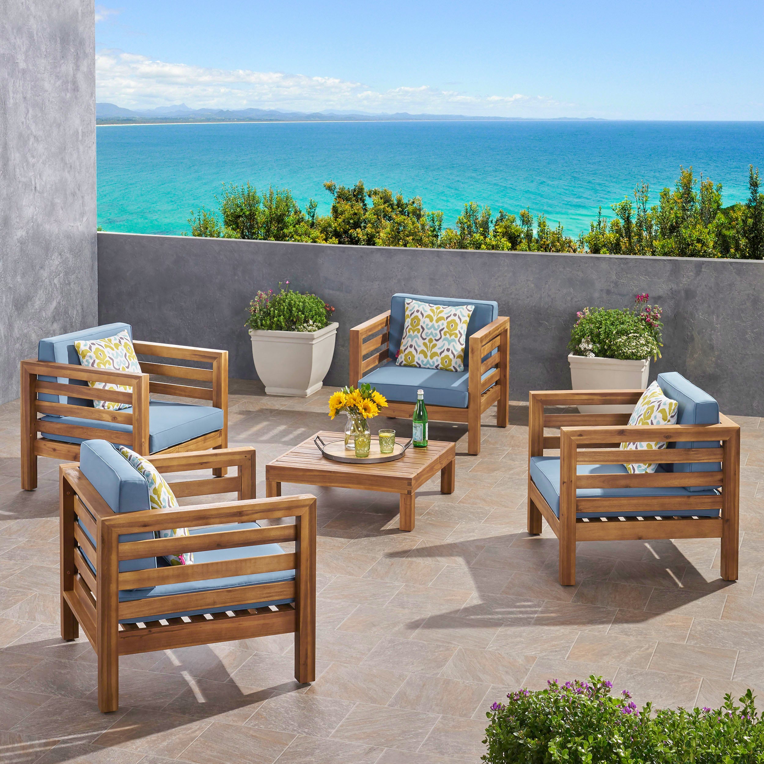 Emma Outdoor 4 Seater Acacia Wood Club Chair and Coffee Table Set