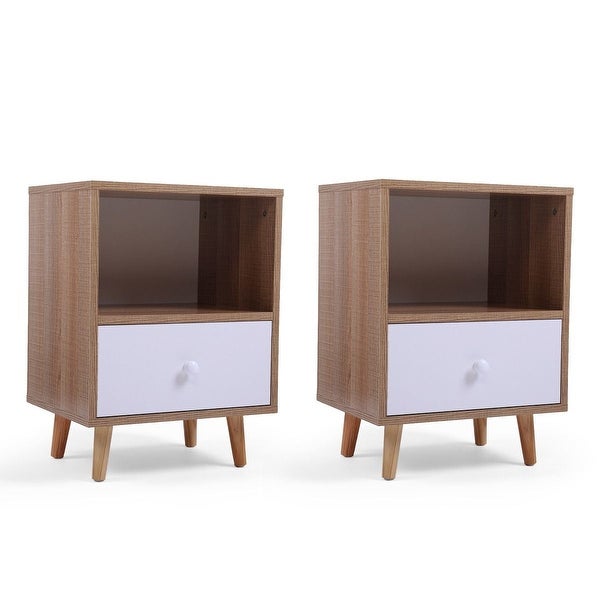 Set of 2 Wood Nightstand Side Table with Drawer and Open Storage Shelf