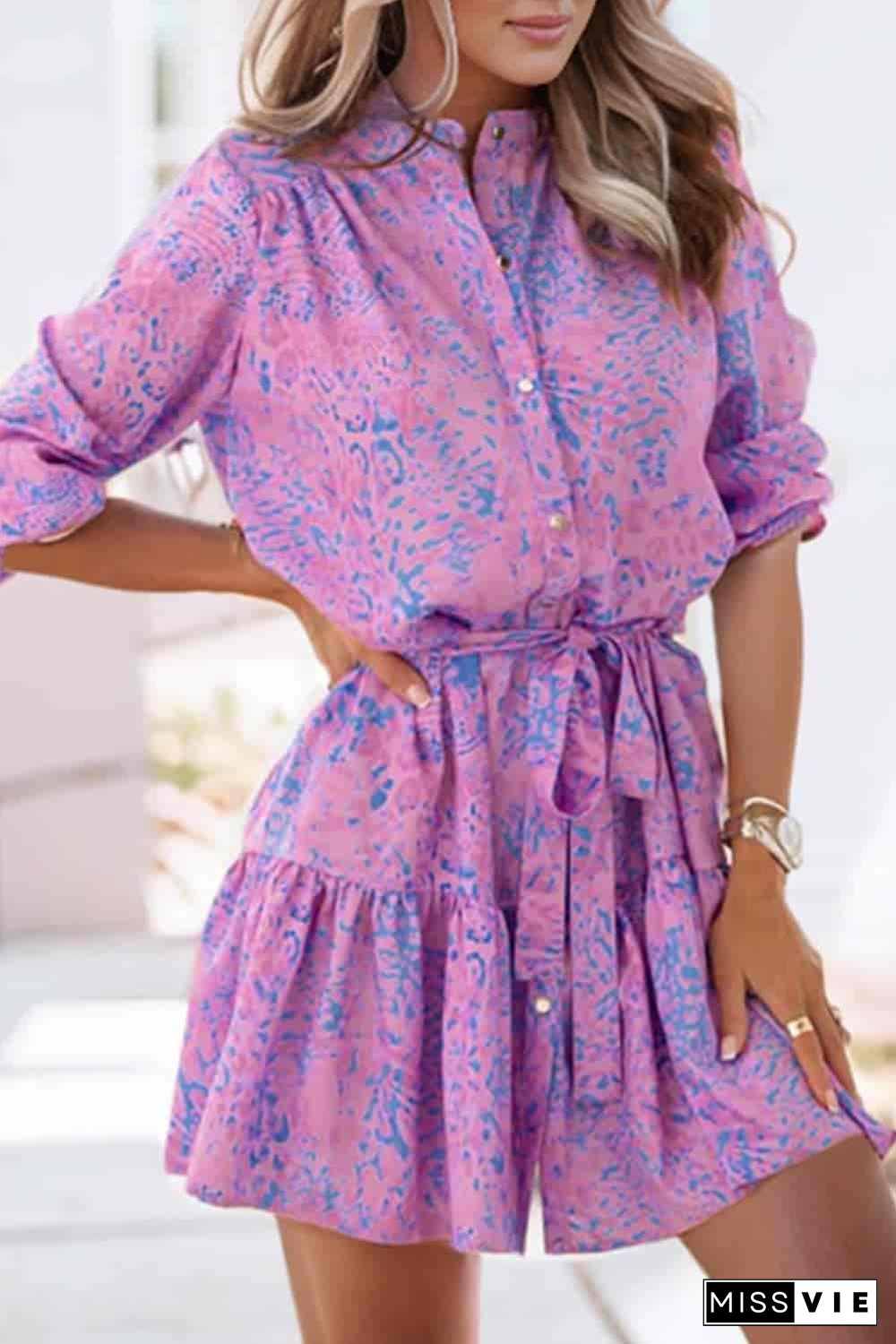 Purple Leopard Print Long Sleeve Shirt Dress