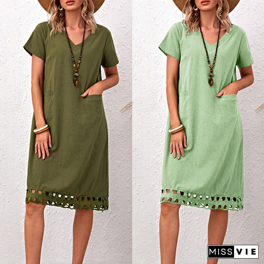 Fashionable And Versatile V-neck Short Sleeve Slim Solid Cotton Linen Dress