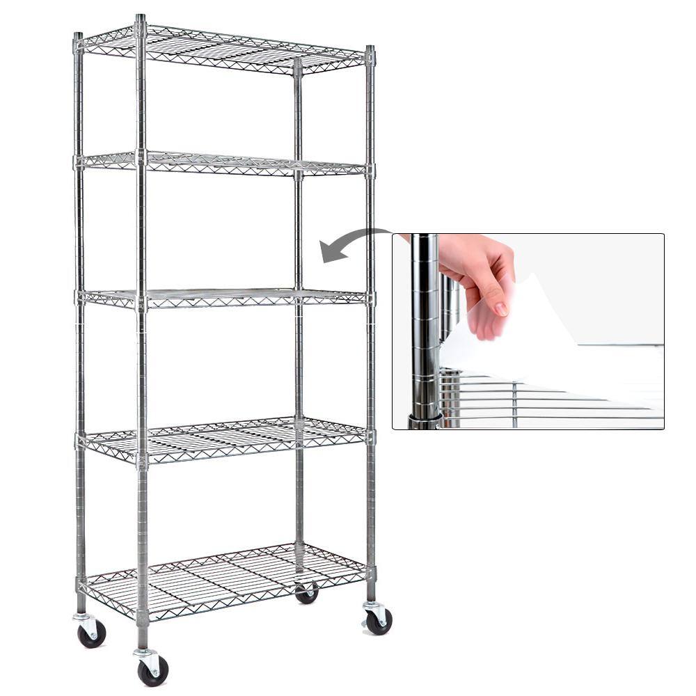 EFINE Chrome 5-Tier Rolling Heavy Duty Metal Wire Storage Shelving Unit Caster 1 in. Pole (30 in. W x 63.7 in. H x 14 in. D) RL33656