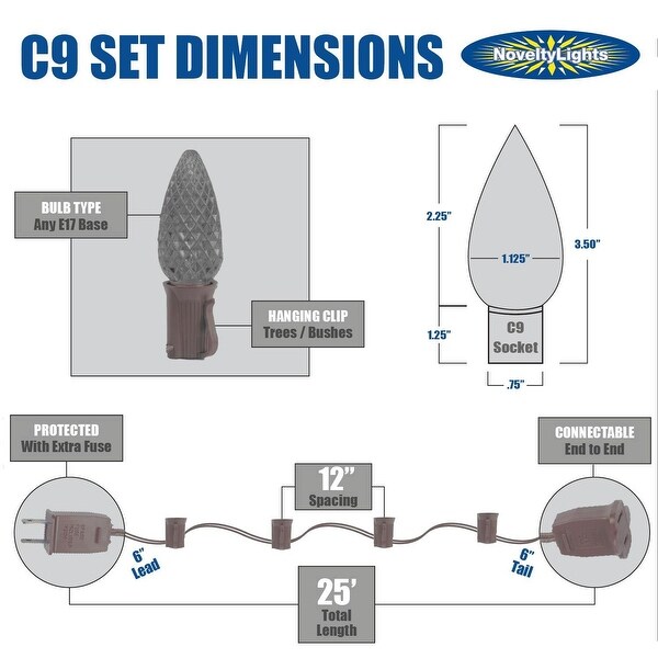 25 Foot C9 Ceramic Christmas Light Set，Hanging String Lights，Brown Wire