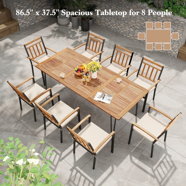 Rectangular Patio Dining Table for 8 with Acacia Wood Tabletop and Umbrella Hole