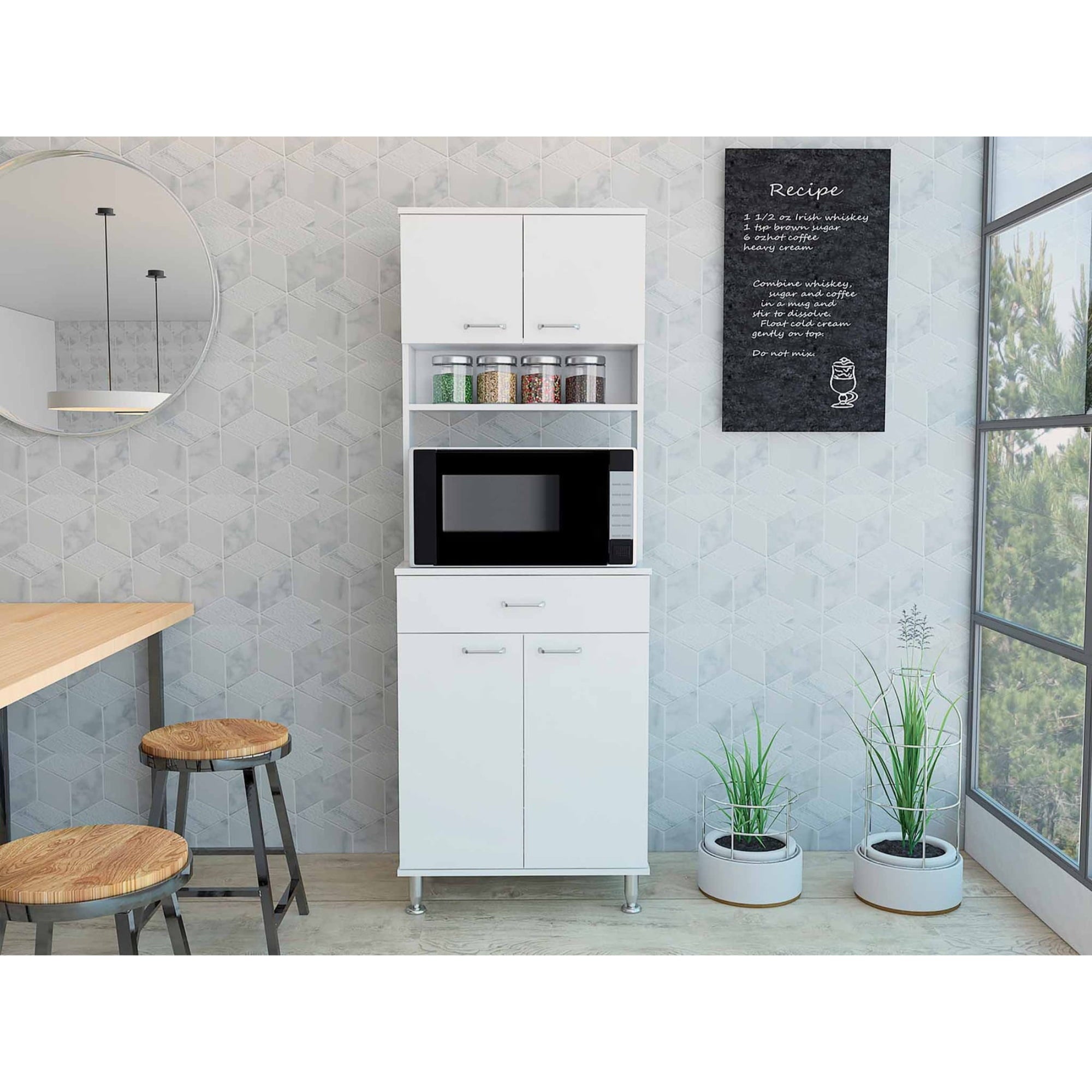 TUHOME a 60 Pantry， Three Shelves， One Drawer， Countertop， Four Legs， Two Double Door Cabinets -White， For Kitchen Room