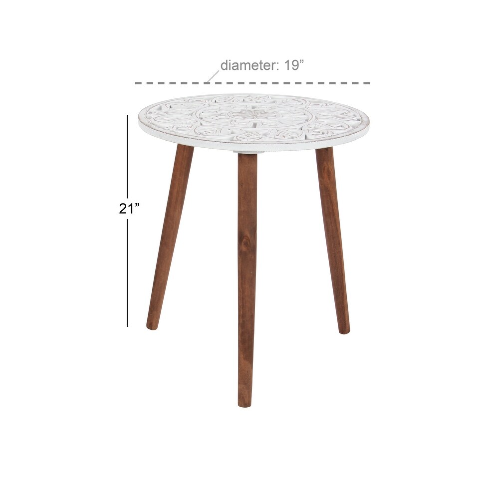 Wood Handmade Intricately Carved Floral Accent Table with 3 Slender Legs