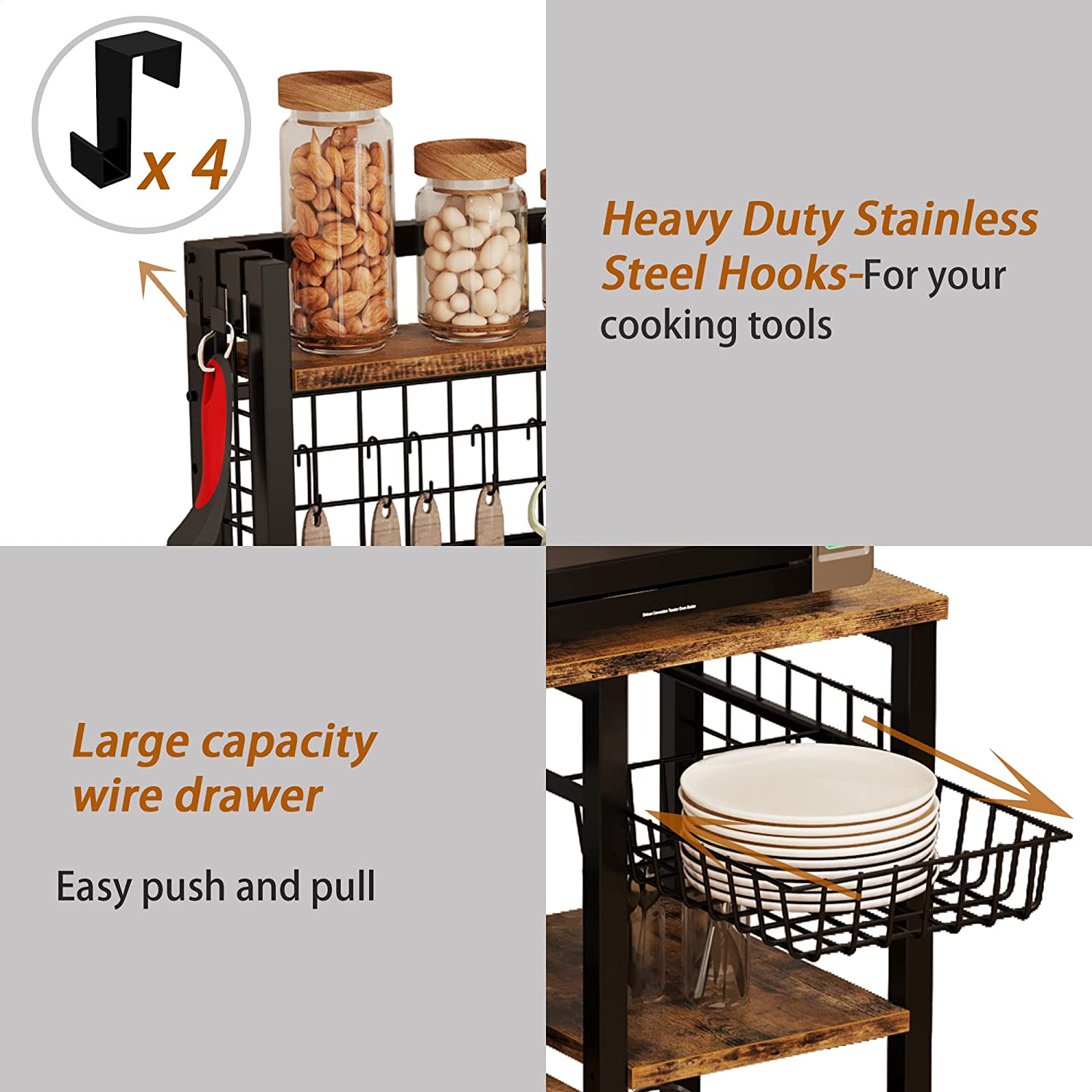 IRONCK Bakers Rack with Power Outlets， Large Microwave Stand with Drawer for Kitchen， Vintage Brown and sleek wood grain