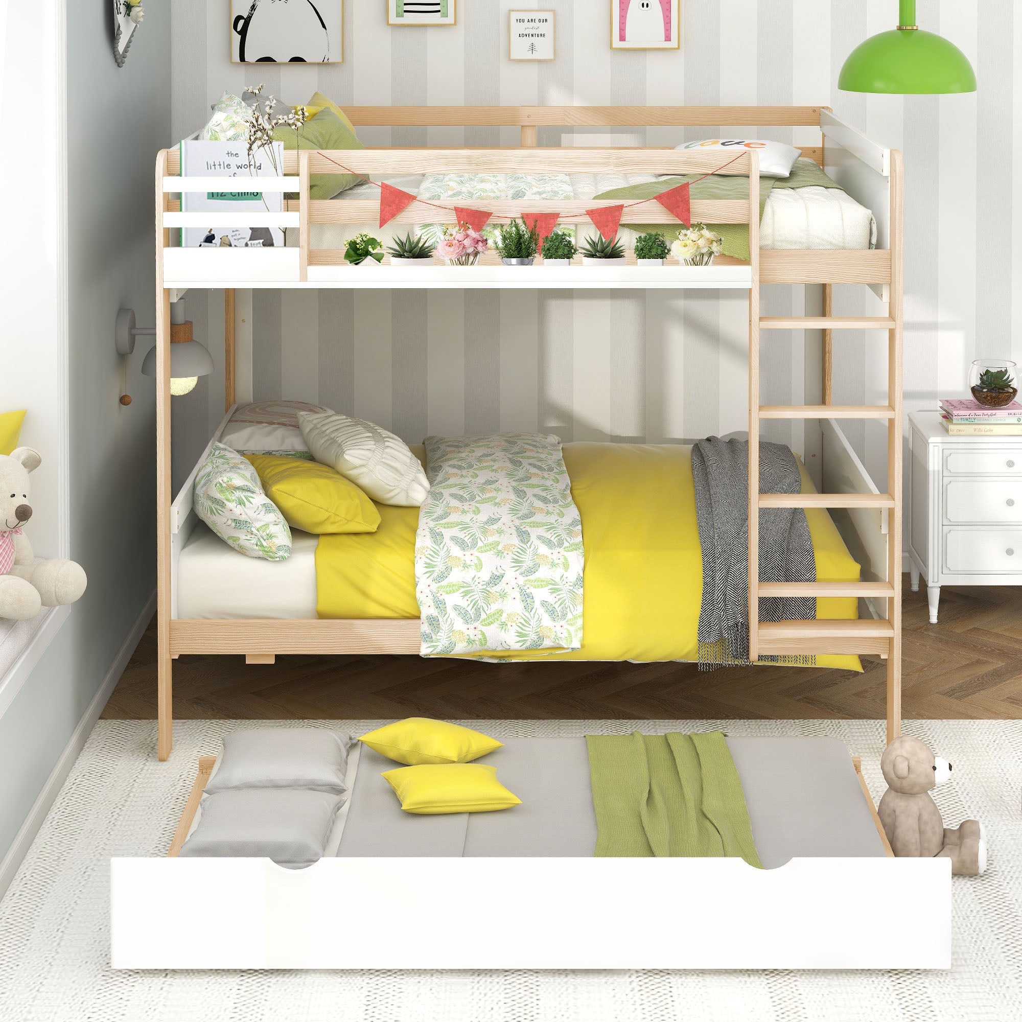 Full over Full Bunk Bed with Trundle and Little Shelf for Kids Bedroom, White