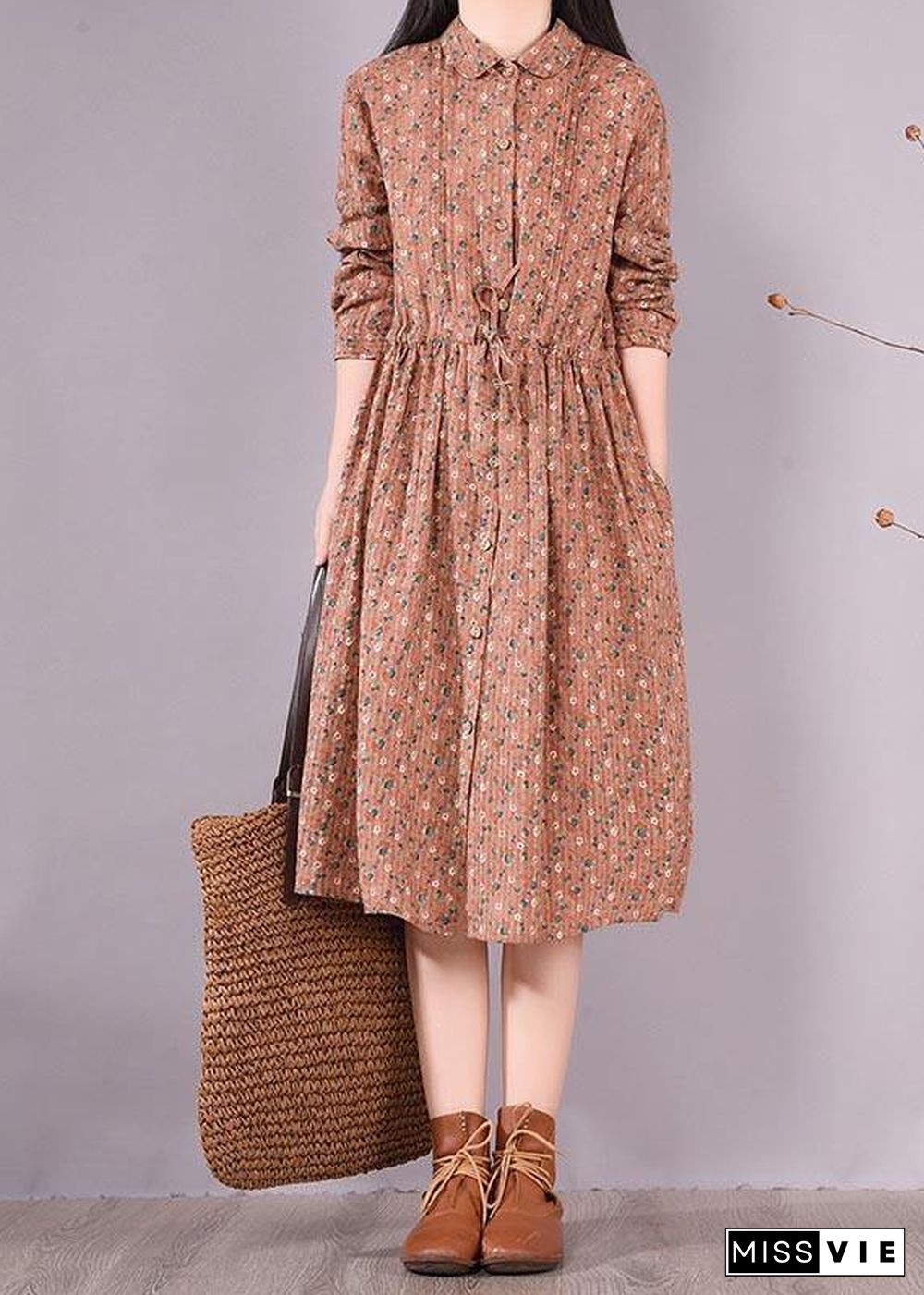 French Brown Print Dresses Lapel Drawstring Maxi Spring Dress