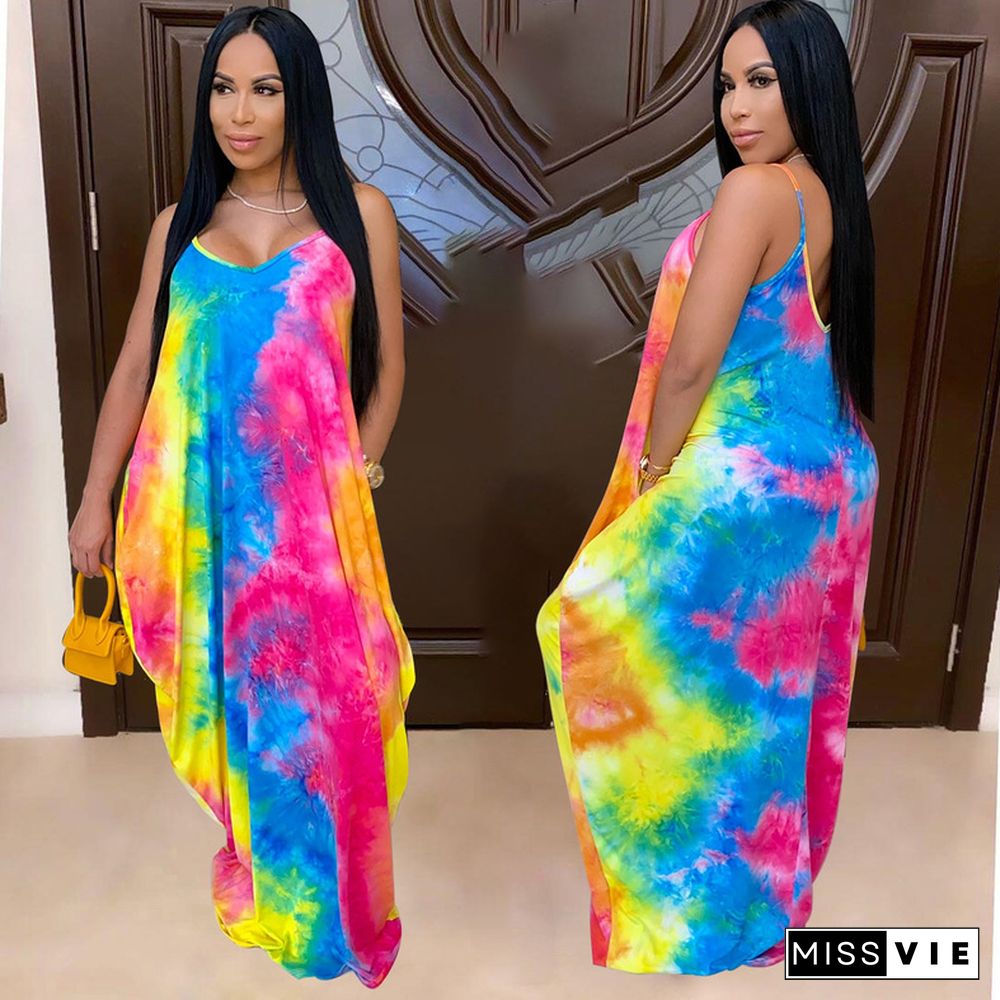 Fashion Tie-dye Print Floor-length Halter Dress