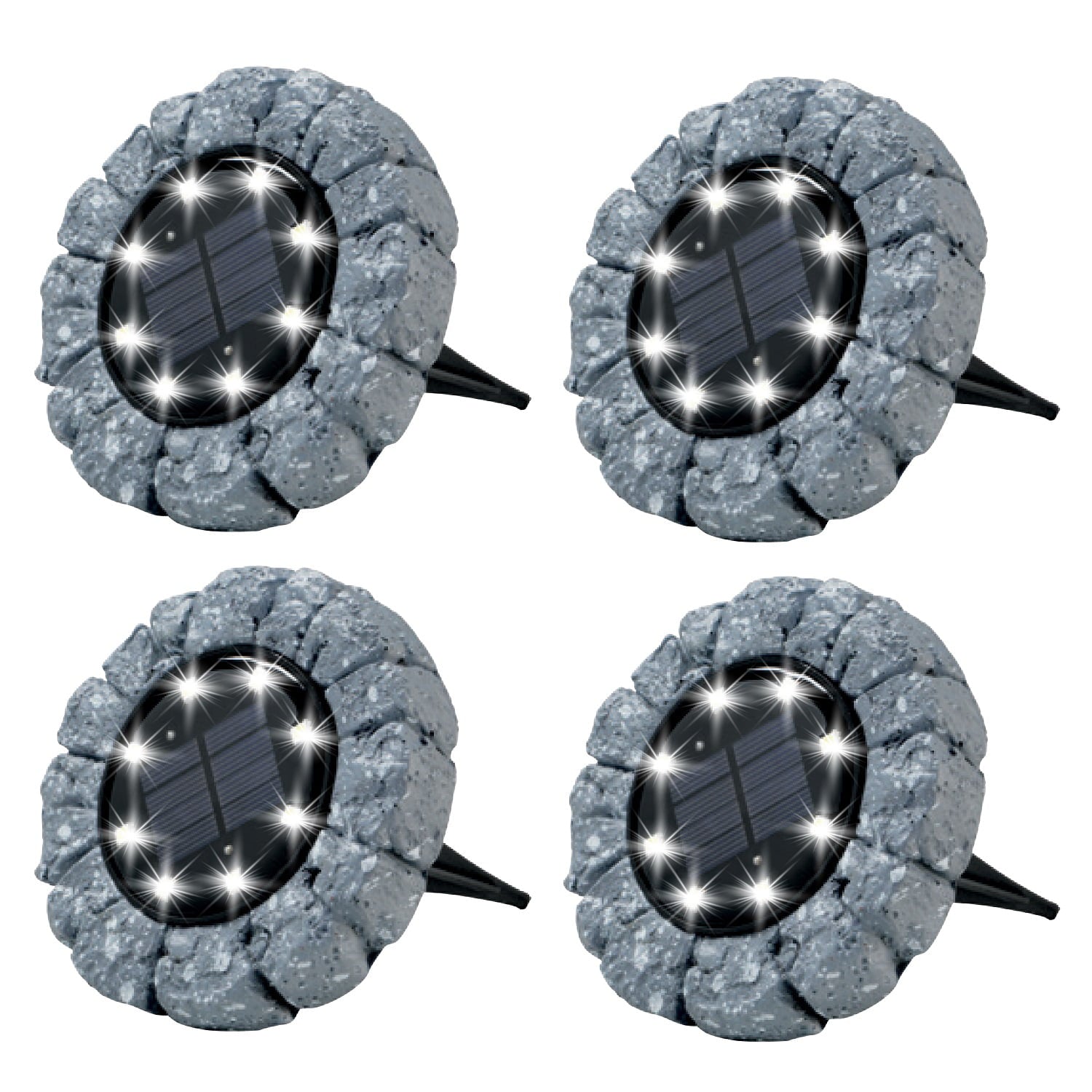 Bell + Howell Disk Lights Stone， Heavy Duty Outdoor Solar Pathway Lights， 8 LED with Included Stakes， Stone， 4 Pack