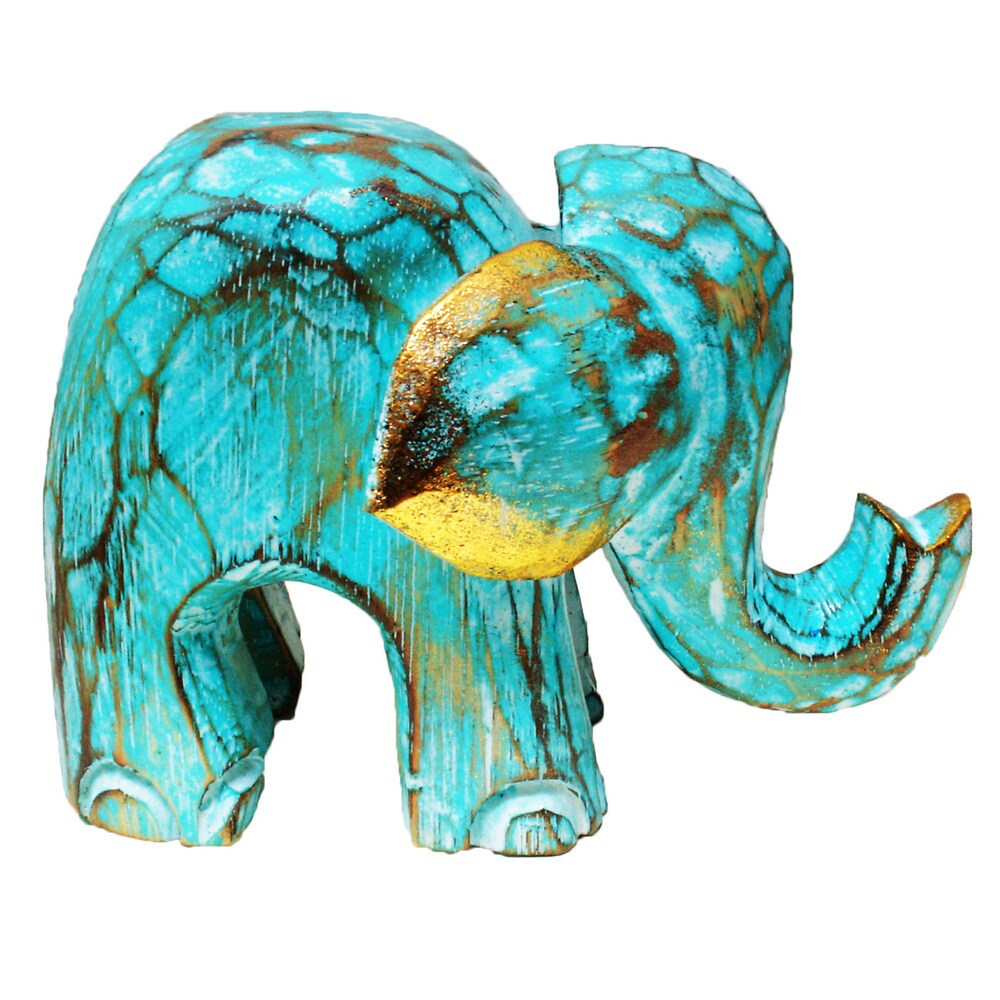 Colorful Elephant Albesia Wood Statue with Crackle Wash (Indonesia)