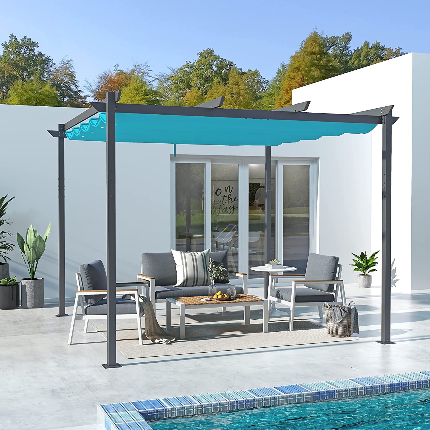 COBANA 10' x 10' Outdoor Pergola, Aluminum Patio Shade Shelter with Retractable Canopy for Garden, Porch, Backyard, Blue