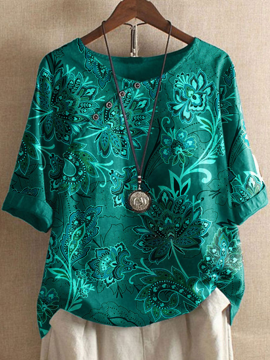 Round Neck Casual Loose Paisley Print Short Sleeve Blouse