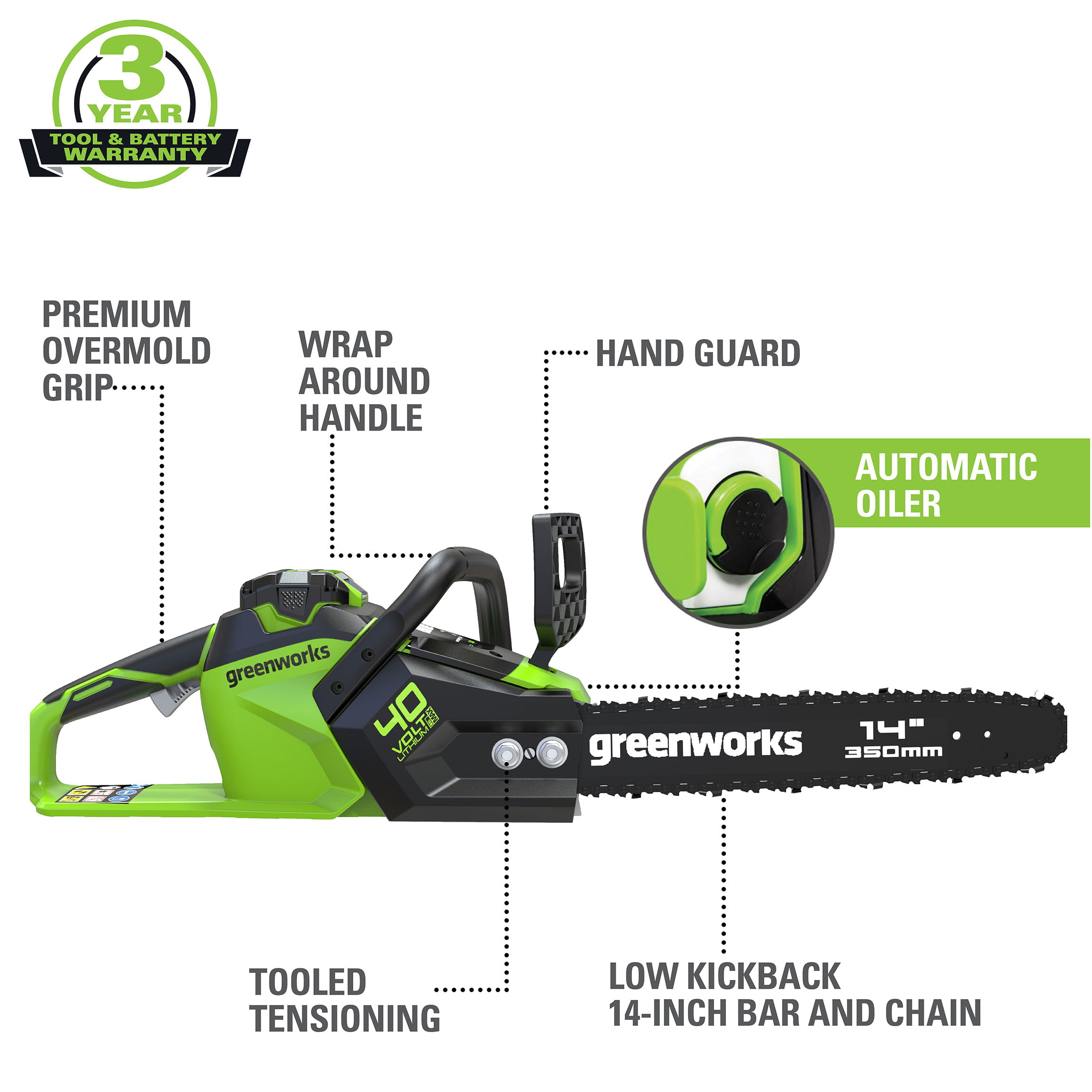 Greenworks 40V 14-inch Brushless Chainsaw With 2.5 Ah Battery and Charger， 2012802