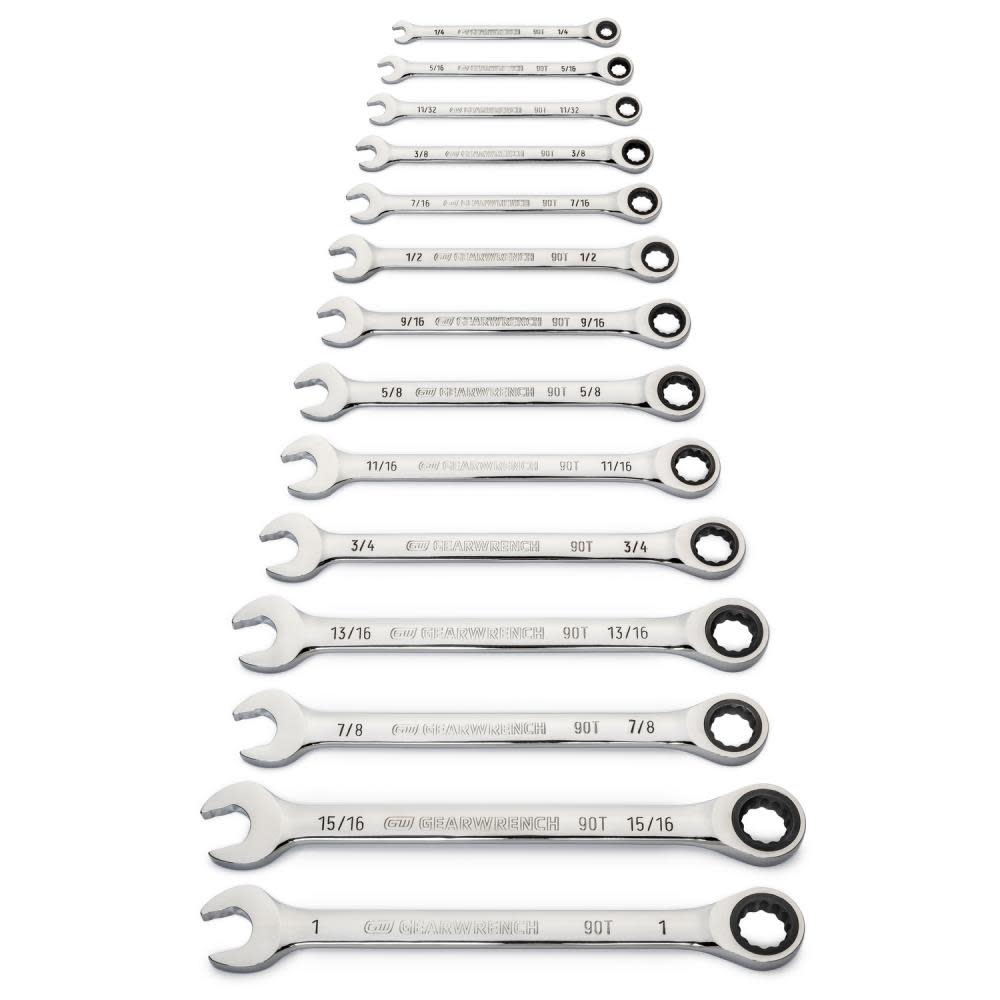 14 Pc 90T 12 Point SAE Combination Ratcheting Wrench Set ;