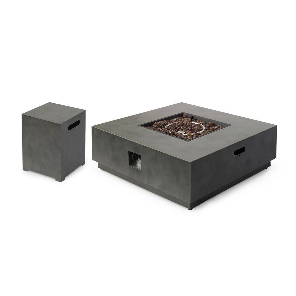 Noble House Wellington 15.25 in. x 19.75 in. Square Concrete Propane Fire Pit in Dark Grey with Tank Holder 70508