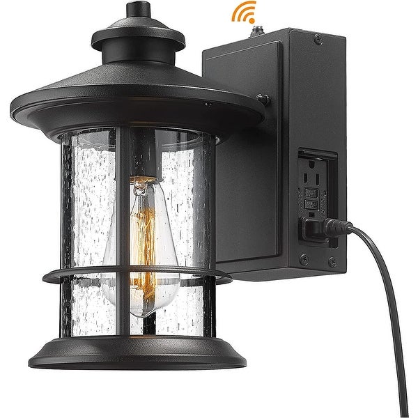 Porch Light with Built-in GFCI Outlet， Dusk to Dawn Outdoor Lighting Photocell Sensor， Aluminum with Seeded Glass， Black Finish Shopping - The Best Deals on Outdoor Wall Lanterns | 40909015