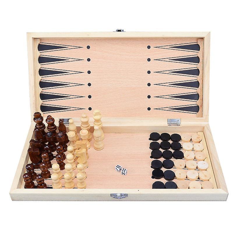 3 In 1 Folding Wooden Chess Set Family Board Games Checkers Backgammon