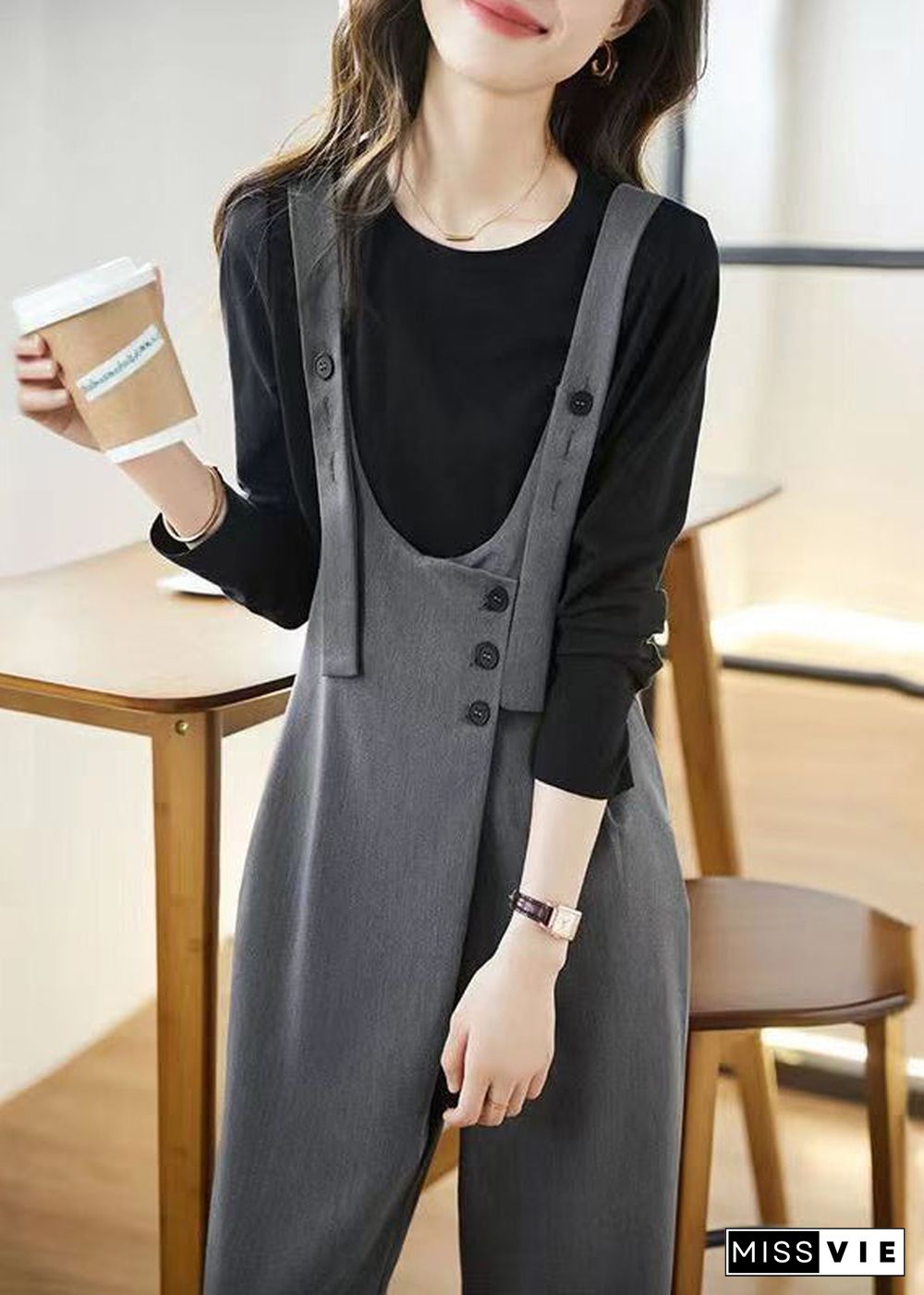 Chic Grey Pockets High Waist Patchwork Cotton Jumpsuits Fall