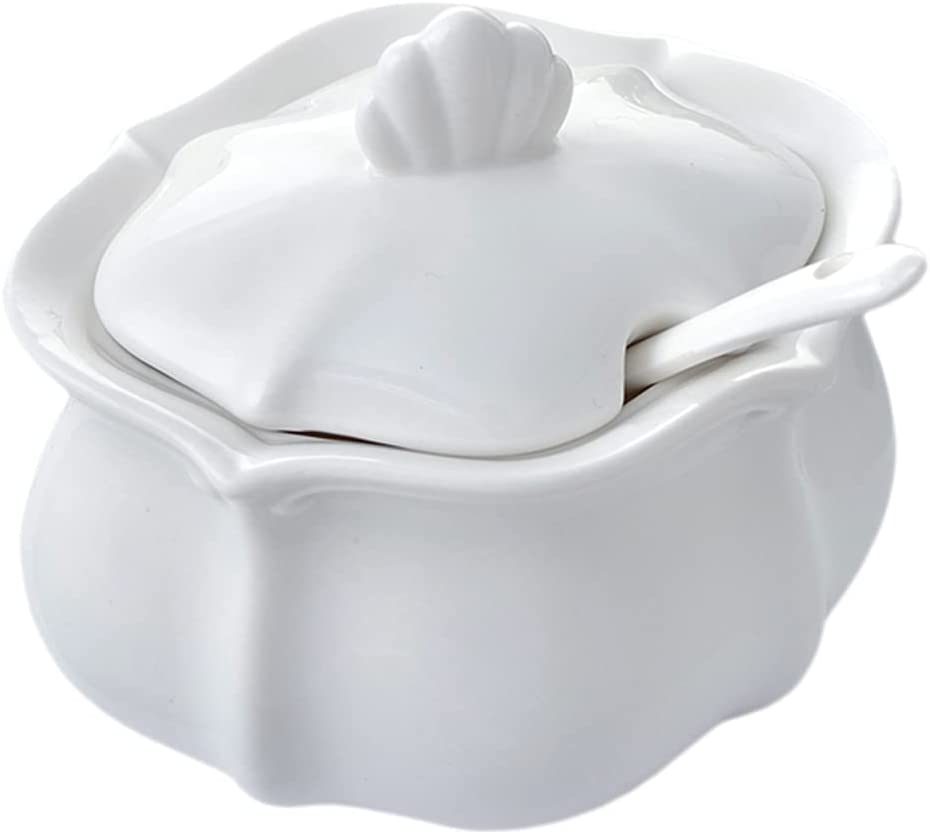 DanceeMangoo White Porcelain Sugar Bowl with Lid and Spoon， Home Kitchen Condiment Pot.