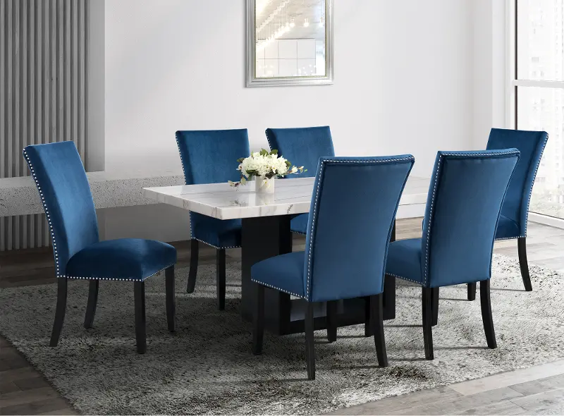 Valentino Marble 5 Piece Dining Room Set with Blue Velvet Chairs