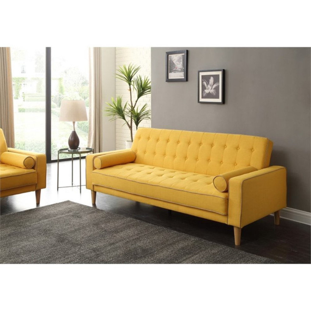 Maklaine Contemporary Fabric Twill Fabric Sleeper Sofa in Yellow   Midcentury   Sleeper Sofas   by Homesquare  Houzz