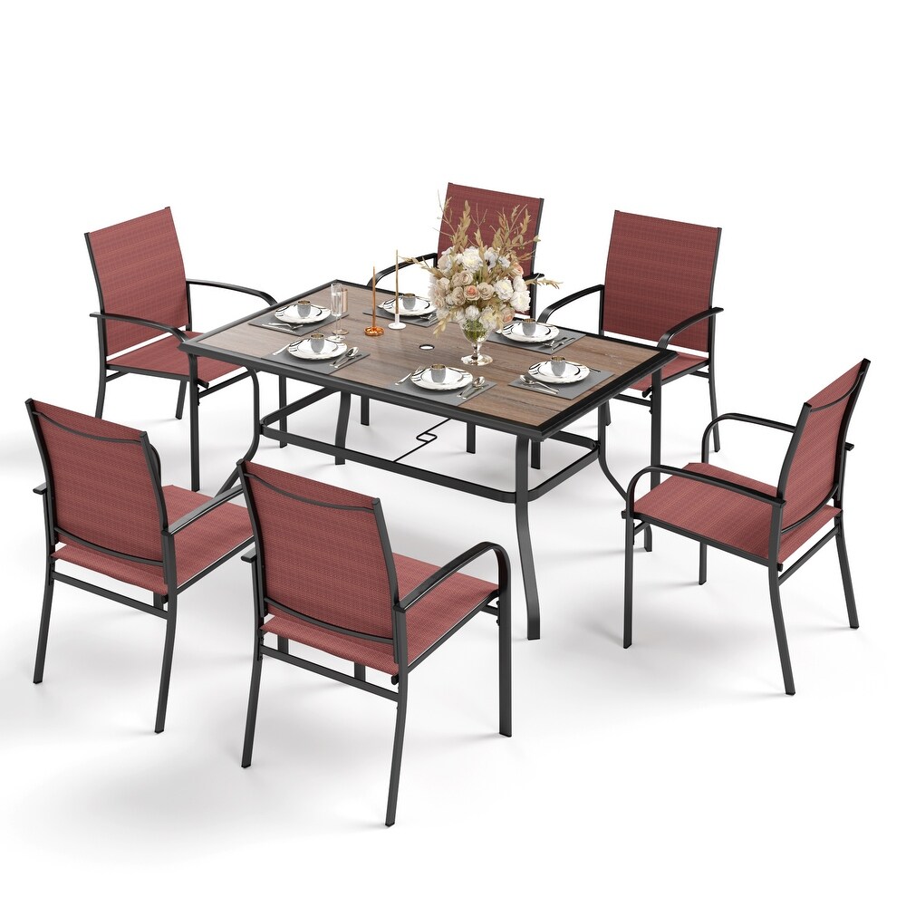 7 Piece Patio Dining Set Wood look Rectangle Table and 6 Textilene Chairs