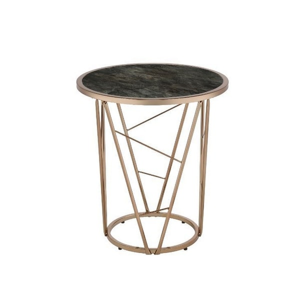 End Table with Glass Top and Geometric Frame， Black and Gold