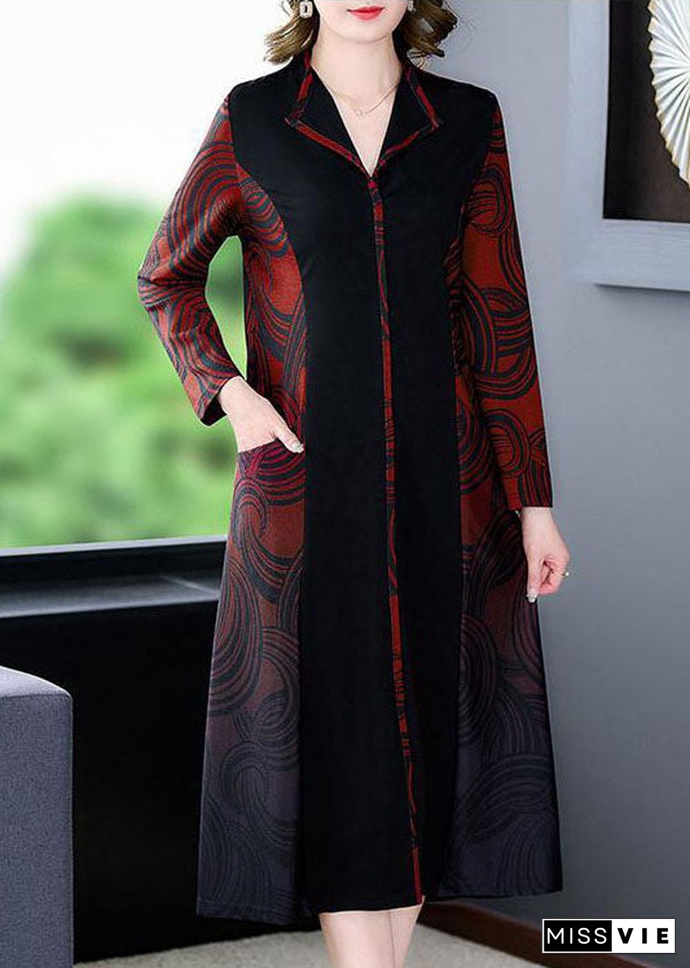 Elegant Red V Neck Patchwork Print Silk Cinch Dress Fall