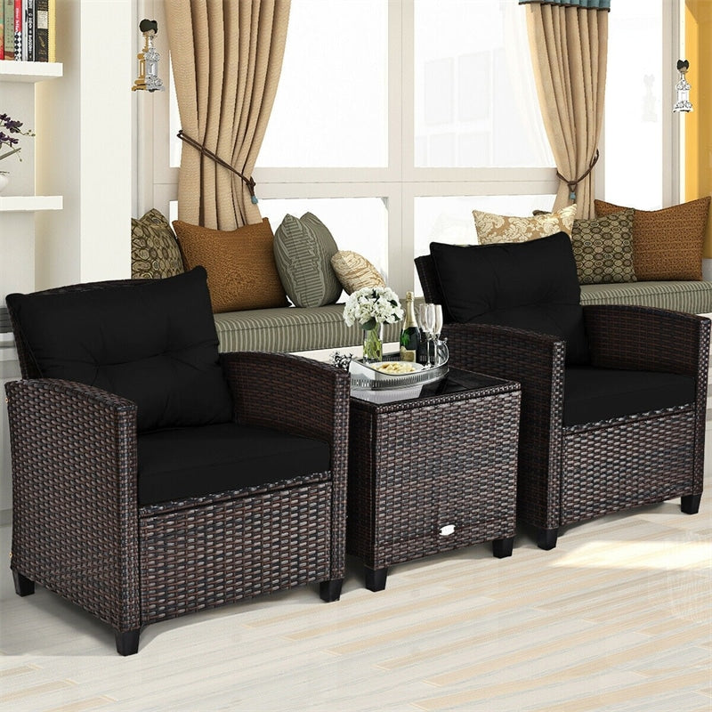 3 Pcs Rattan Patio Conversation Set Outdoor Wicker Sofa Set with Washable Cushions & Coffee Table