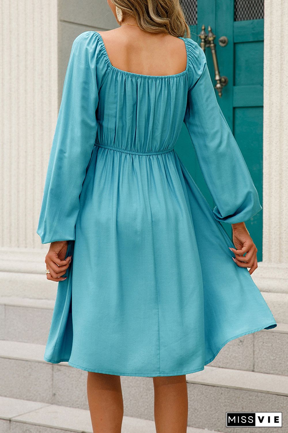 Plain Off Shoulder Long Sleeve Smocked Dress